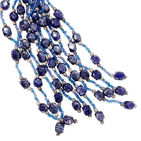 Vintage Glass Bead Tassel Necklace Blue Multi Strand Bohemian Artisan Jewelry - Picture 8 of 13